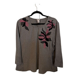 Chico’s Weekends Grey Top Pink Black Embroidered Flowers Size 3 (XL)